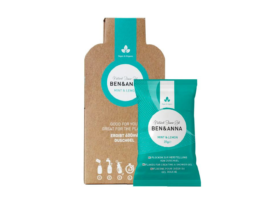 Ben & Anna Mint & Lemon douchegelvlokken met duurzame kartonnen verpakking en turquoise navulzakje van 20 g voor het maken van 400 ml natuurlijke douchegel.