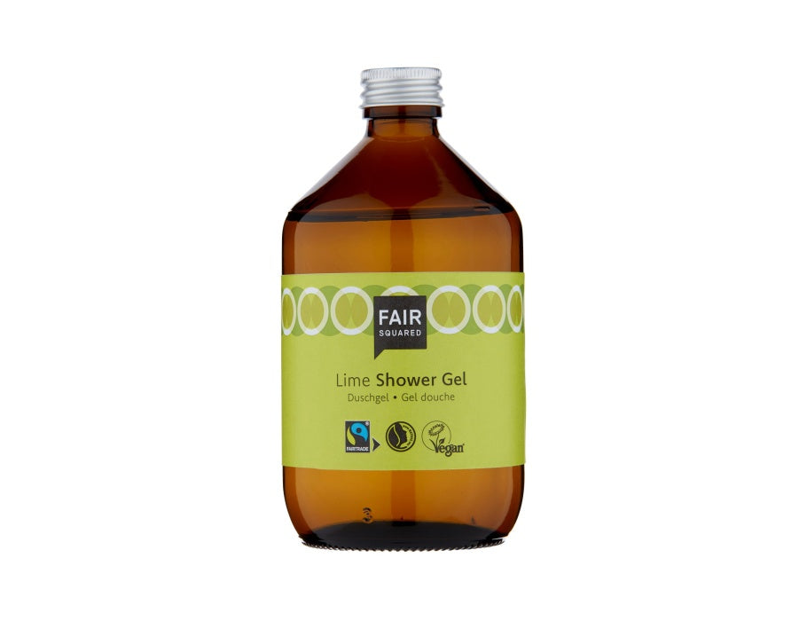 Fair Squared Lime Shower Gel in een amberkleurige glazen fles met zilveren dop en felgroen etiket; fairtrade en vegan douchegel met limoen.